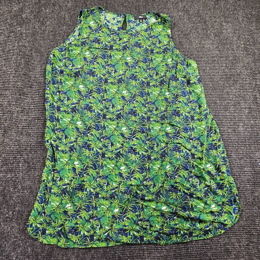 Ellos Sleeveless Shift Dress Womens 1X 22/24 Green Navy Palm Leaf Print Bohemian